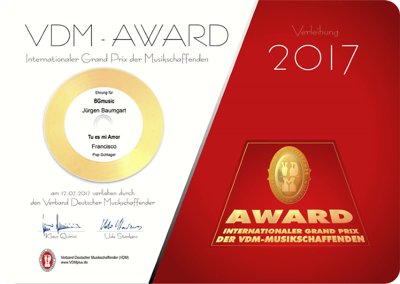 VDM Award Zertifikat - Jürgen Baumgart Tonmeister